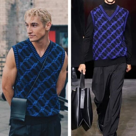 COS Regular Fit Jacquard Vest Men's Size Large Blue Black - Picture 1 of 6